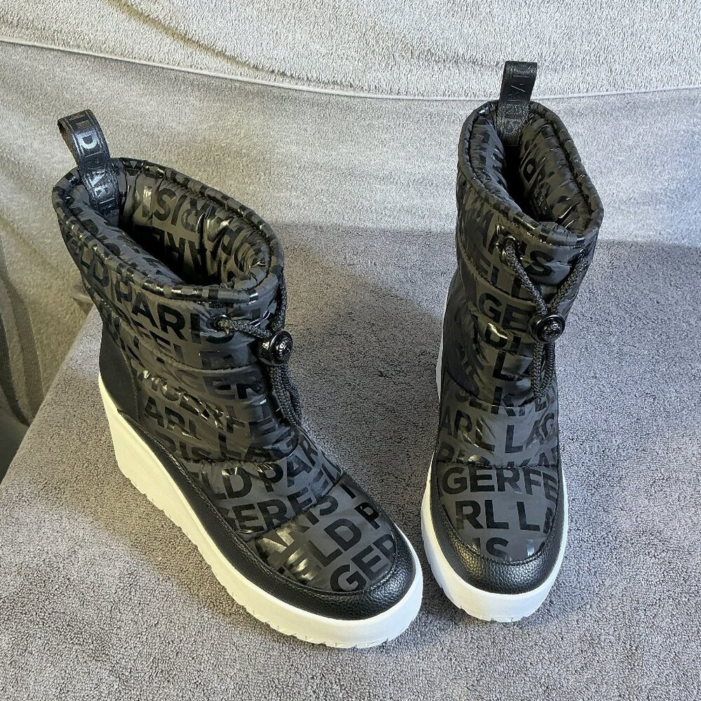Karl Lagerfeld Paris Boots Womens Size 10 Black Berdina Wedge Snow Slip On Logo